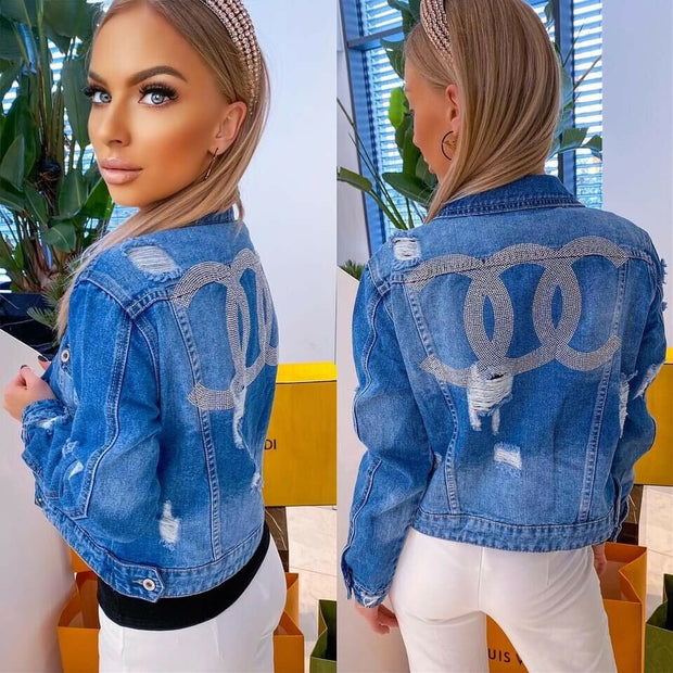 COCO DISTRESSED RIPPED BLING SPARKLY DETAILS SHORT DENIM JACKET IN BLUE