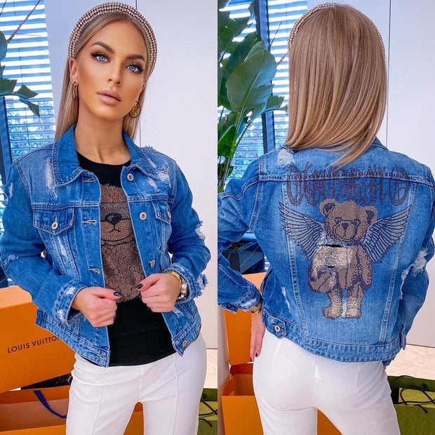TEDDY WINGS DISTRESSED RIPPED BLING SPARKLY DETAILS SHORT DENIM JACKET IN BLUE