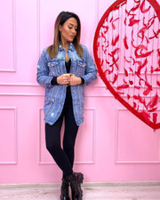 TEDDY OVERSIZE DISTRESSED RIPPED BLING SPARKLY DETAILS LONG DENIM JACKET IN BLUE