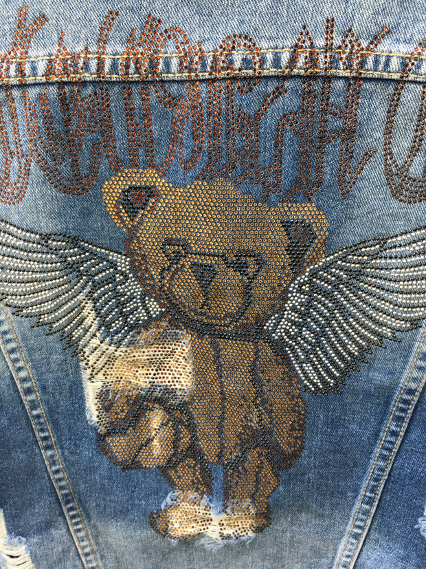 TEDDY WINGS DISTRESSED RIPPED BLING SPARKLY DETAILS SHORT DENIM JACKET IN BLUE