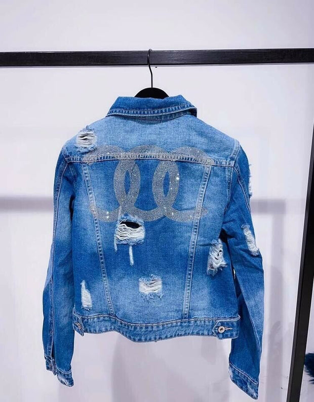 COCO DISTRESSED RIPPED BLING SPARKLY DETAILS SHORT DENIM JACKET IN BLUE